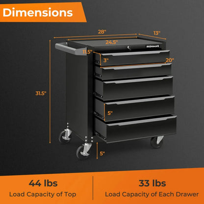 Spaco 5-Drawer Tool Storage Cabinet with Hanging Holes and Central Keyed Locking System-Black, Tool Chest for Garage, Home and Workbench