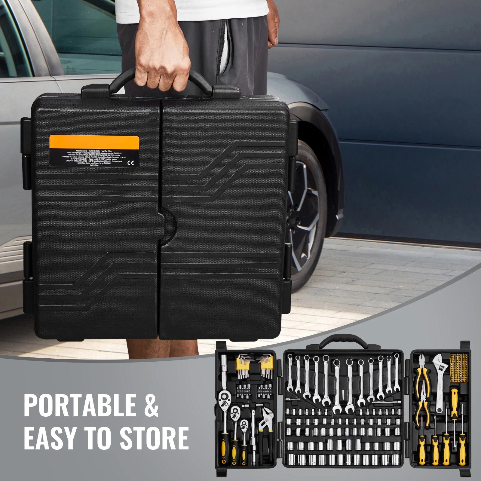 KFFKFF 207-Component Mechanics Tool Set and Socket Set, 1/4" 3/8" 1/2" Drive Sockets, SAE and Metric Mechanic Tool Set with Bits, Spanners, Ratchet Handle, Add-ons, and Hard Plastic Carrying Case