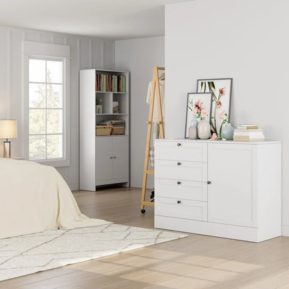 Homfa White Storage Cabinet with 4 Drawers & 1 Door, 43.3'' Wide Chest Sideboard Buffet for Dining Room, Kitchen, Bedroom