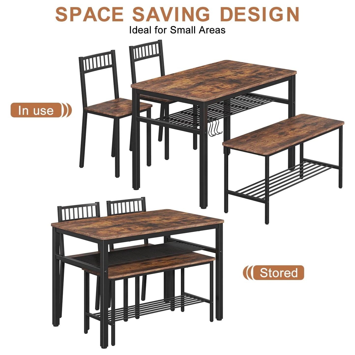 Winkalon Dining Table Set for 4,Wooden Kitchen Table Set with Storage Rack,1 Bench & 2 Chairs,Brown