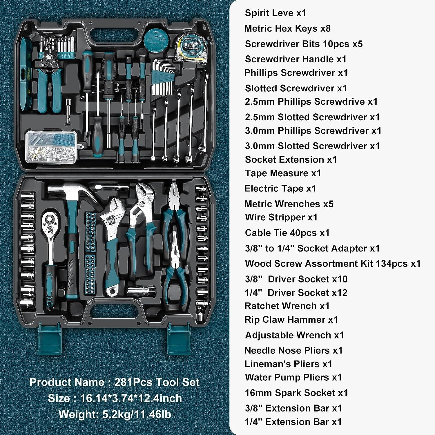 Home Tool Kit 281-PCs - General Basic Home Auto Repair Tool Kits - Complete Portable Hand Tool Sets for Women - Tool Box Set with Socket Wrench Set & Screwdriver Sets & Hex Key & Pliers