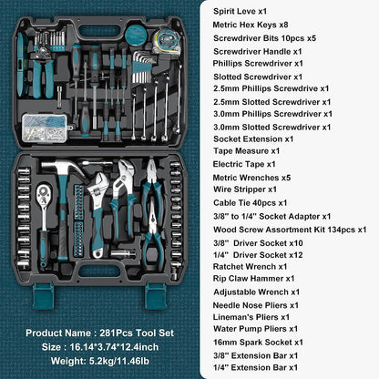 Home Tool Kit 281-PCs - General Basic Home Auto Repair Tool Kits - Complete Portable Hand Tool Sets for Women - Tool Box Set with Socket Wrench Set & Screwdriver Sets & Hex Key & Pliers