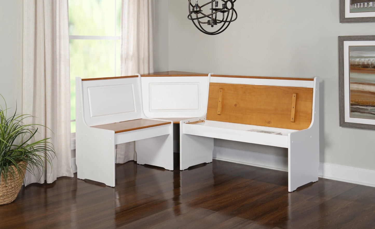 Linon Ardmore Wood Corner Dining Breakfast Nook with Table and Storage, Seats 5-6, White and Natural Finish