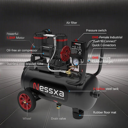EAYSG 8 Gallon Ultra Quiet Air Compressor, 1.5HP 4.52 CFM Oil-Free, 115 PSI Max, 110V Portable Air Compressor with Tank for Car Repair, Spray Painting, Nailing