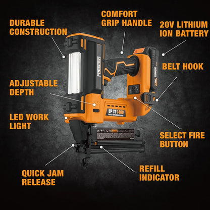 Freeman PE20V2118G2 20 Volt Cordless 2-in-1 18-Gauge Nailer/Stapler Kit with Lithium Ion Battery, Charger, Bag, and Fasteners (400 Count) - 1400 Shots per Charge
