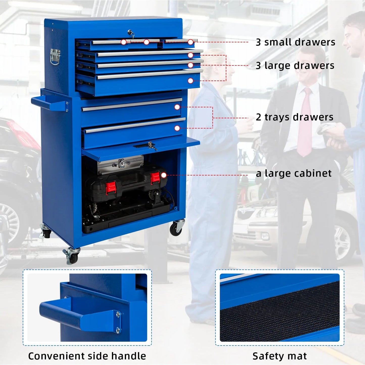 Odaof 8-Drawer Rolling Tool Chest on Wheels with Drawers Locking Toolbox Organizer for Mechanics Garage Workshop Blue