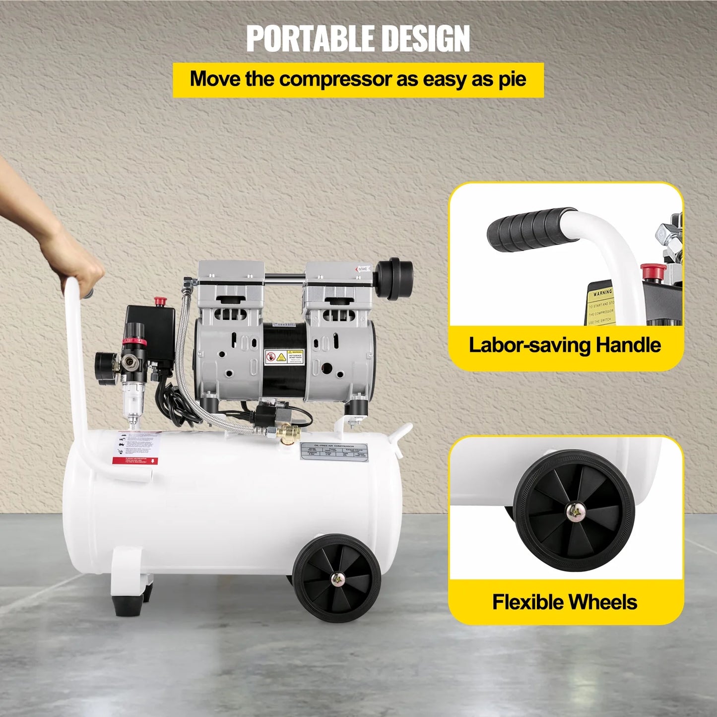 KFFKFF 6.6 Gallon Air Compressor, 1 HP Mobile Air Compressor, 750W Oil-Free Steel Tank, 115 PSI Pancake Air Compressor, Exceptionally Quiet for Household Fixes and Tire Pumping