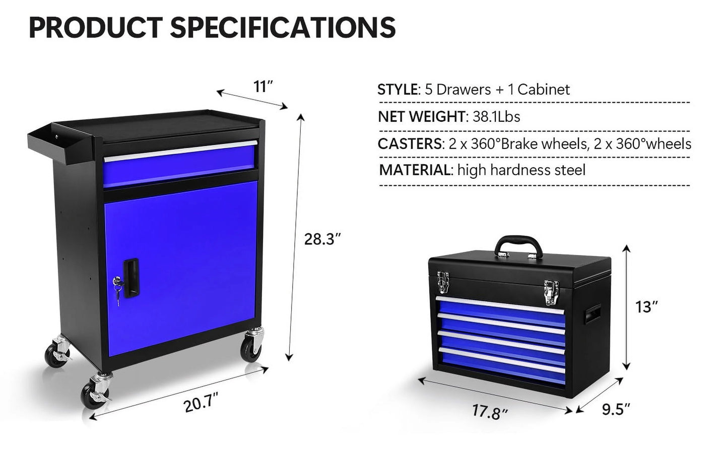 5-Drawer Rolling Tool Box, 2-IN-1 Hidden Multifunctional Tool Chest, Blue Tool Box on Wheels Storage Tool Organizer Cart, Hooks, Classification Box, Liner