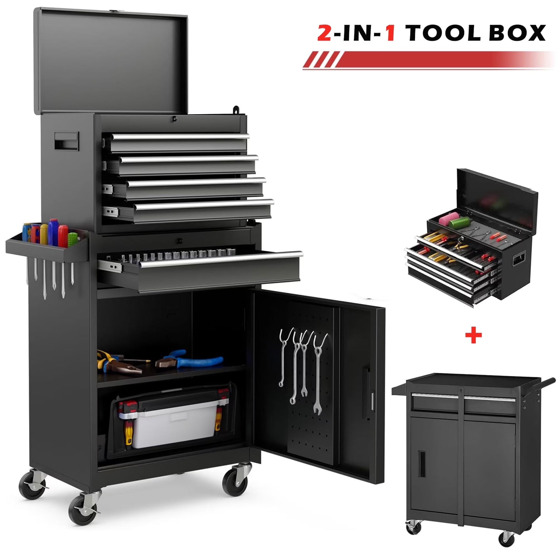 2-IN-1 Tool Chest with Drawers, Seizeen 2-tier Rolling Tool Box & Cabinet Large Capacity with 4 Drawers, Lockable Tool Box Organizer On Wheels, Red
