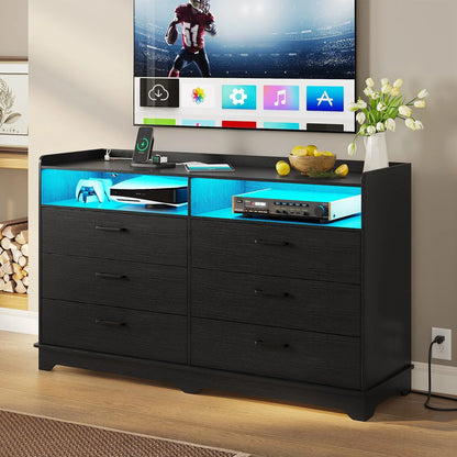 Hasuit 6 Drawers Dresser with LED Lights and Charging Station, Modern Storage Tower Dressers and Chests of Drawers and Open Cubby, Black
