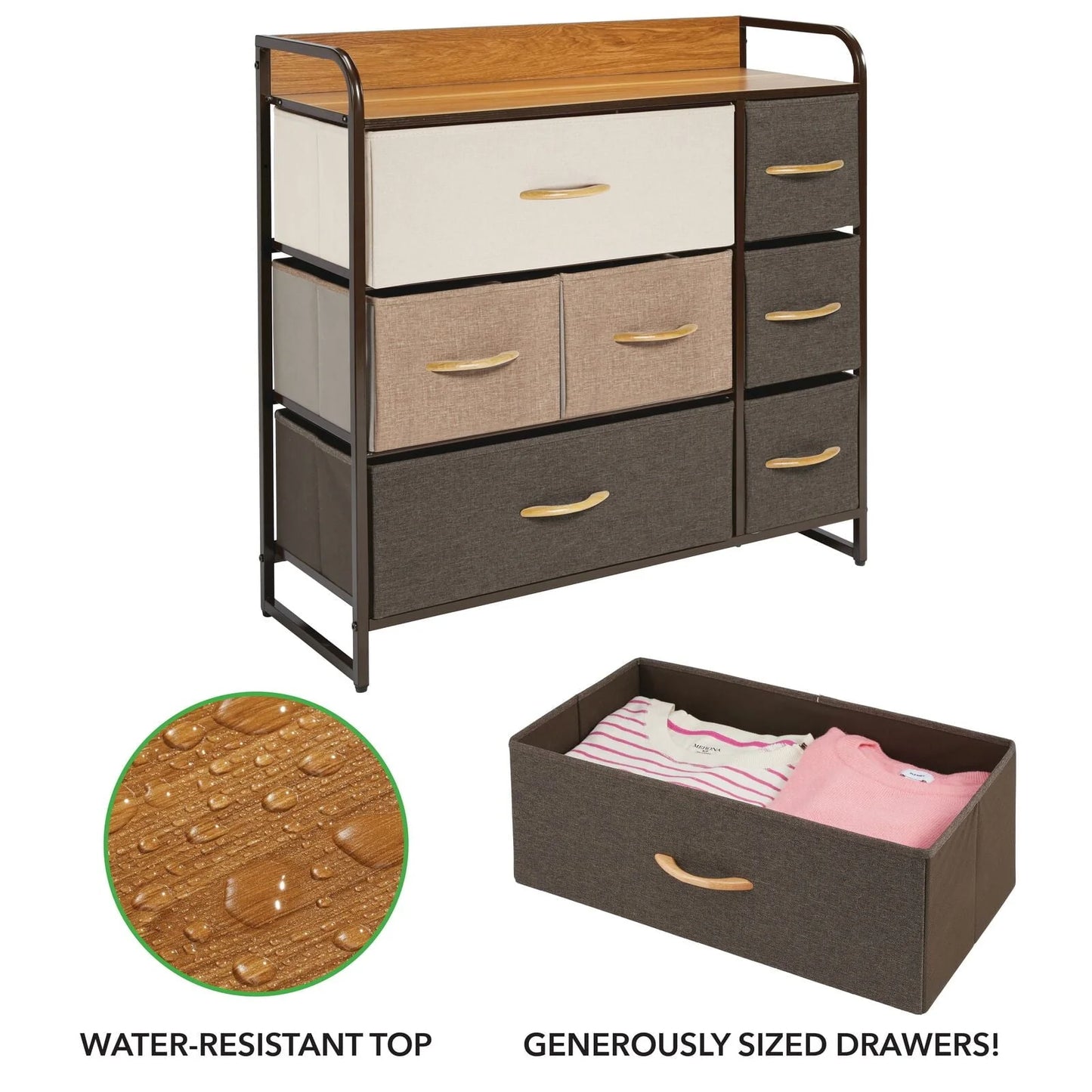 mDesign Large Storage Dresser Furniture with 7 Fabric Drawers, Multi/Dark Brown
