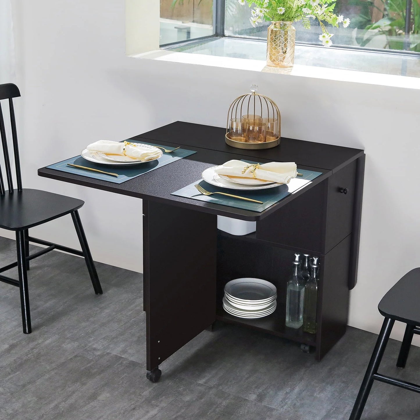 Dinaza Folding Dining Table Drop Leaf Kitchen Table with 2 Drawers for Small Spaces with 6 Wheels and 2-Layer Storage Racks Multifunction Space Saving Table Extension Dinner Table Black Walnut