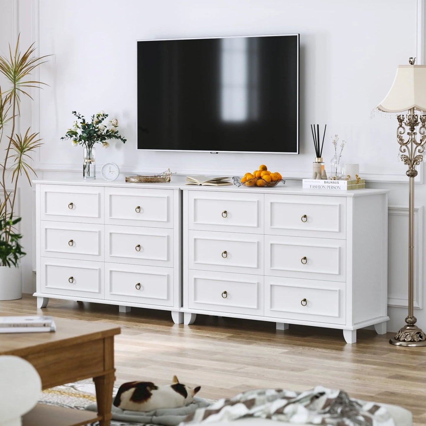 Homfa 6 Drawers Double Dresser, 47'' Wide Storage Cabinet Chest of Drawer for Bedroom Living Room, White