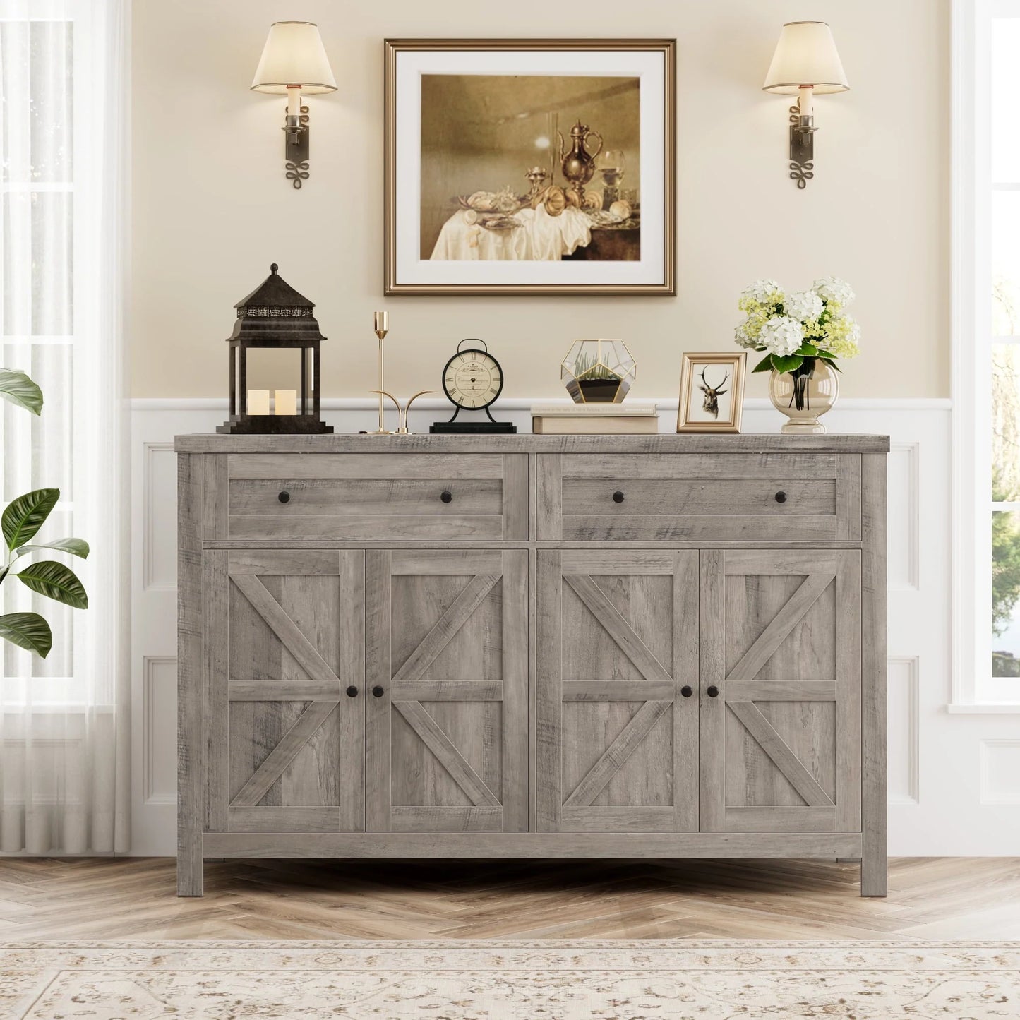 Homfa Farmhouse Kitchen Storage Cabinet, 4-Doors 2-Drawers Wood Buffet Sideboard for Dining Room Living Room, Gray