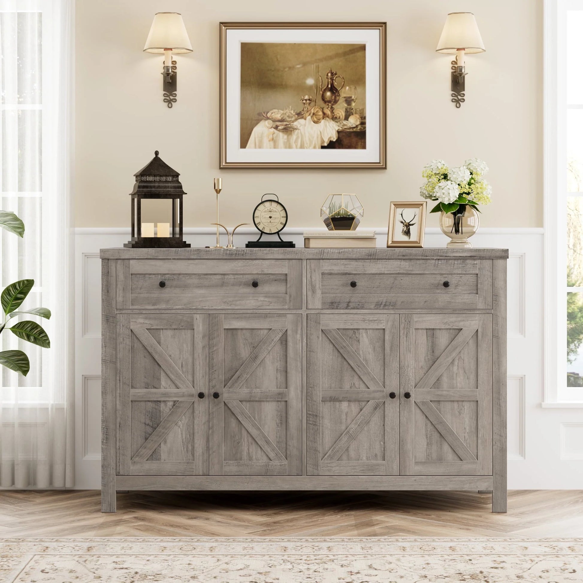 Homfa Farmhouse Kitchen Storage Cabinet, 4-Doors 2-Drawers Wood Buffet Sideboard for Dining Room Living Room, Gray