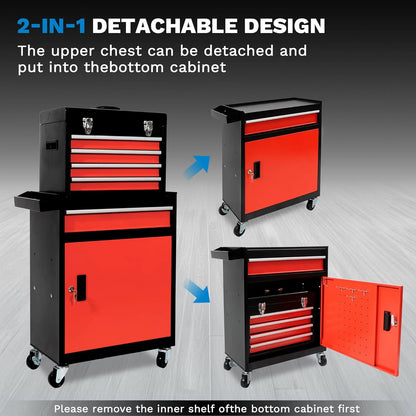 Rolling Tool Box, 5 Drawer Tool Chest with Wheels, Tool Box Organizer with Detachable Top, Lockable Drawers & Sliding Storage for Garage & Workshop