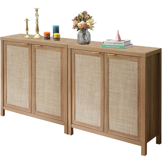 Sanspredet Sideboard Buffet Cabinet Set of 2, Rattan Cabinet with Doors Farmhouse Kitchen Storage Cabinet, Boho Liquor Cabinet Accent Cabinet