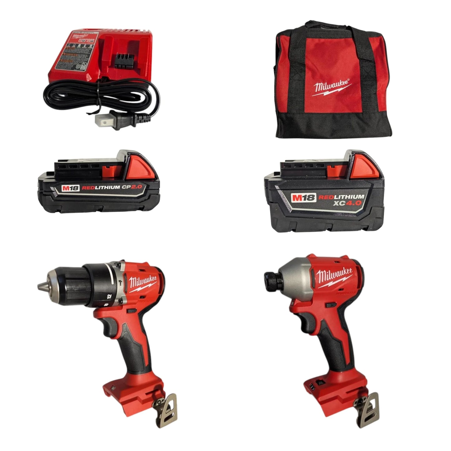 Milwaukee 3693-22CX M18 Compact Brushless 2-Tool Combo Kit - 1/2" Hammer Drill & 1/4" Impact Driver with (2) Batteries, Charger & Bag - Ideal for Drilling, Fastening, and Wordworking Applications