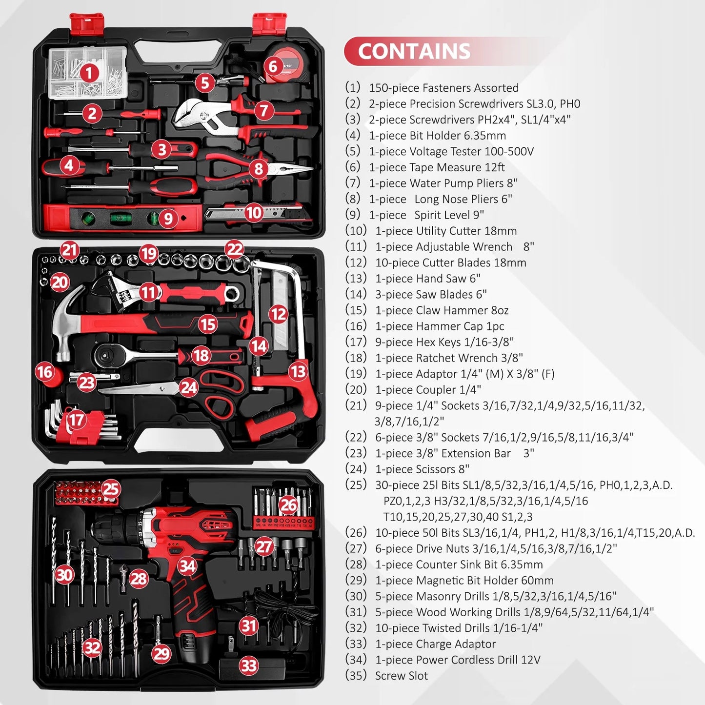 TOPHDY Tool Set with 12V Cordless Drill ,276 piece Tool Set Driver Toolbox Storage Case with Drawer, Professional House Repair Driver Set