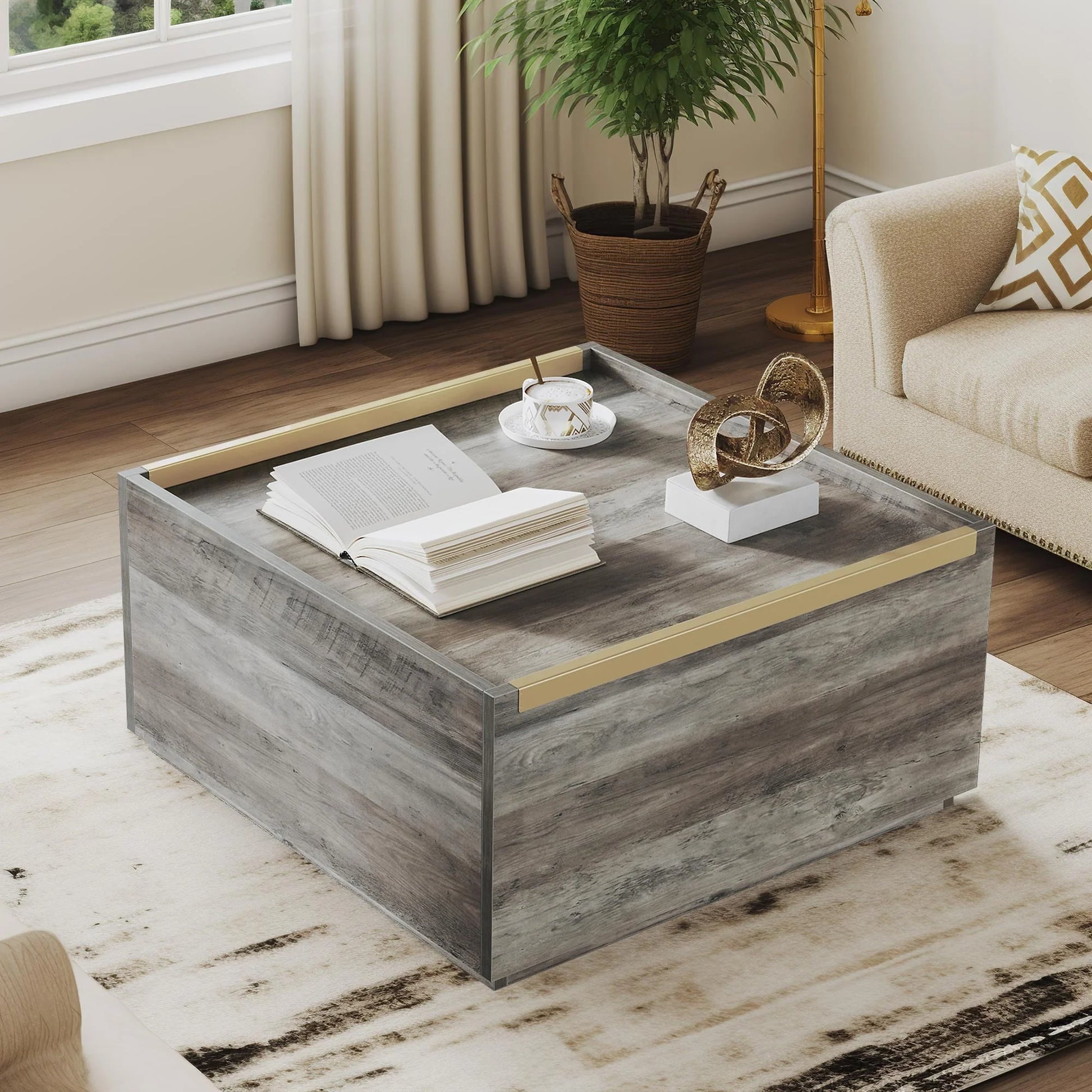 Dextrus Square Coffee Table with Storage, Manhattan Gate Center Table for Living Room, Bedroom, Grey Wash