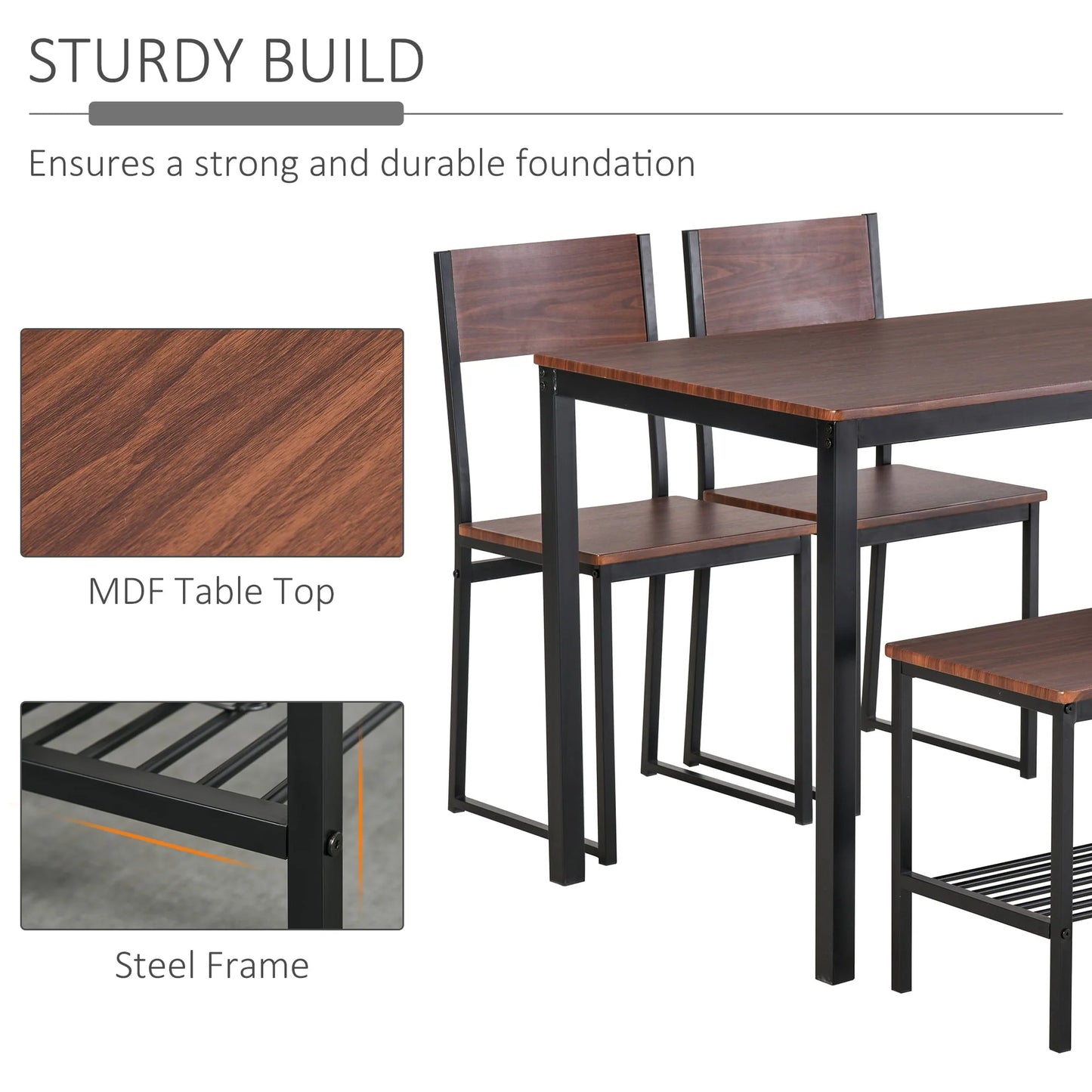 Industrial 4 Piece Dining Room Table Set with Bench Wooden Kitchen Table and Chairs w/Storage Rack