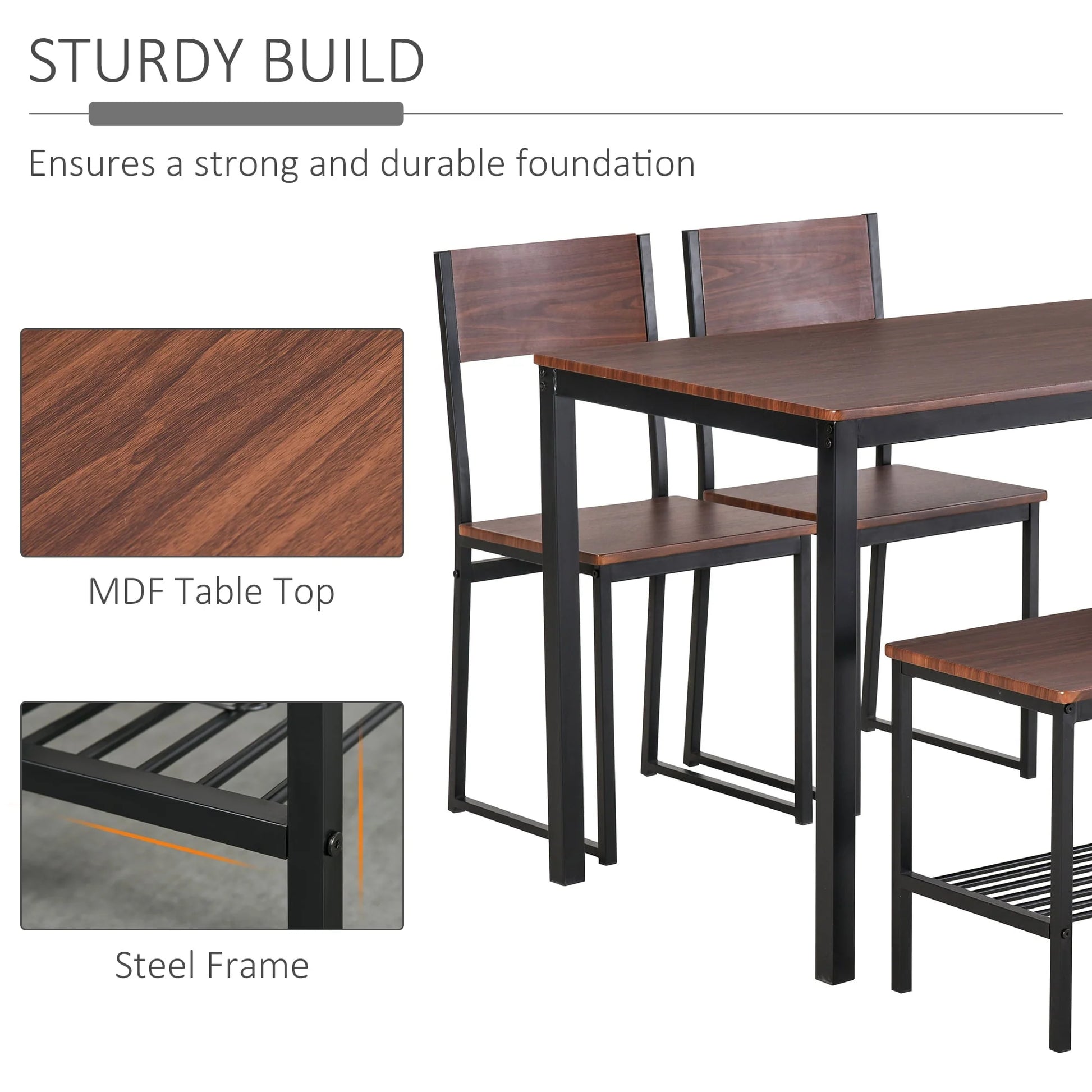 Industrial 4 Piece Dining Room Table Set with Bench Wooden Kitchen Table and Chairs w/Storage Rack