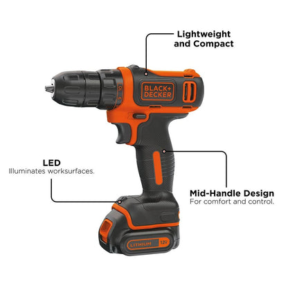 BLACK+DECKER 12V Cordess Drill/Driver, 1.5Ah, 59 Piece Set, Battery and Charger Included