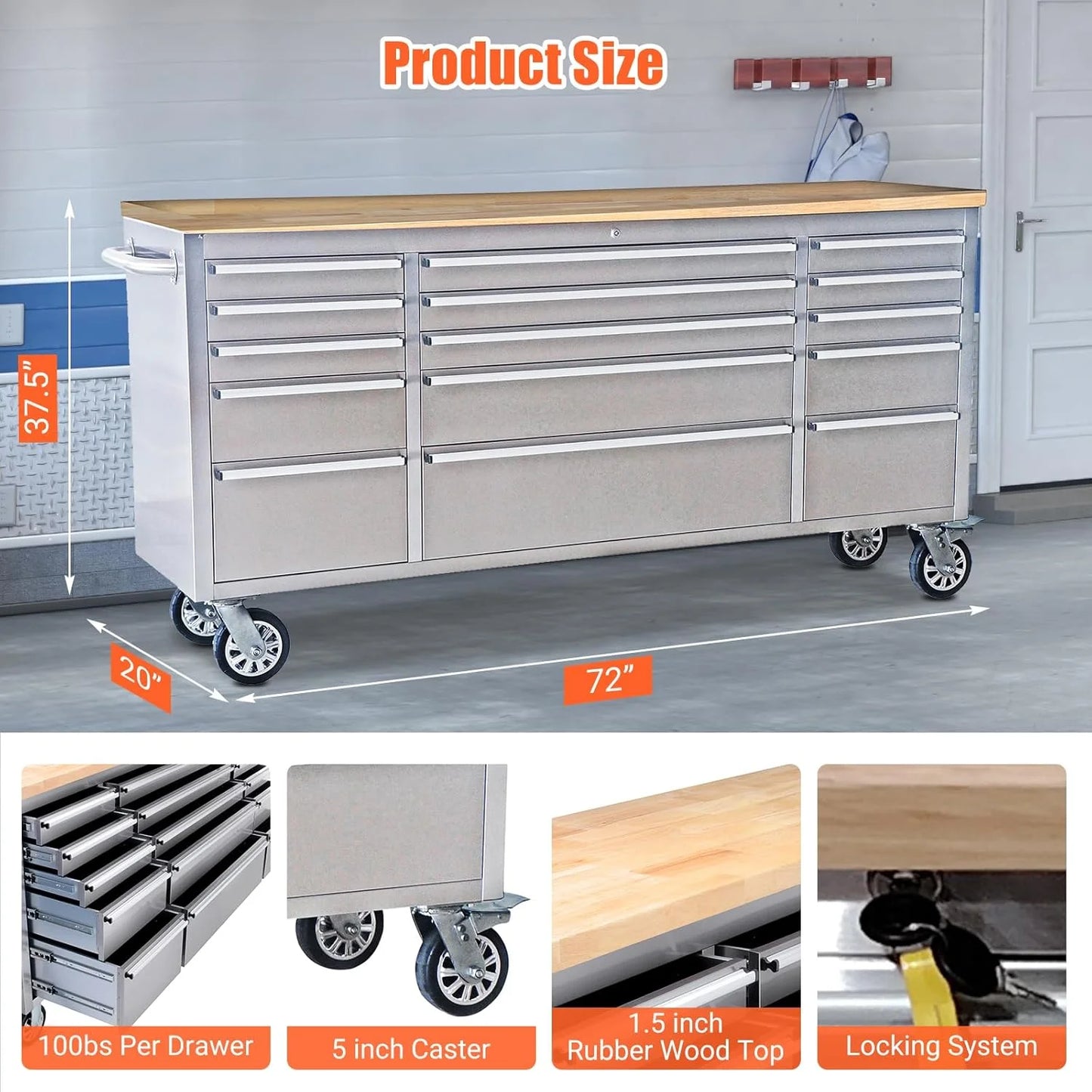 Kojooin 72-Inch Rolling Tool Cabinet, Large Rolling Tool Chest with 15-Drawer and Mobile Workbench, Heavy Duty Steel Storage Cabinet with Locking System for Warehouse, Garage, Basement