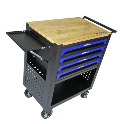 NIGSQJB 4 Drawers Tool Chest on Wheels, 35.4"H Tool Storage Cart with Wooden Top,Drawers Rolling Tool Box Organizer Tool Case with Lock for Garage,Warehouse,Workshop,Repair Shop, Blue Black