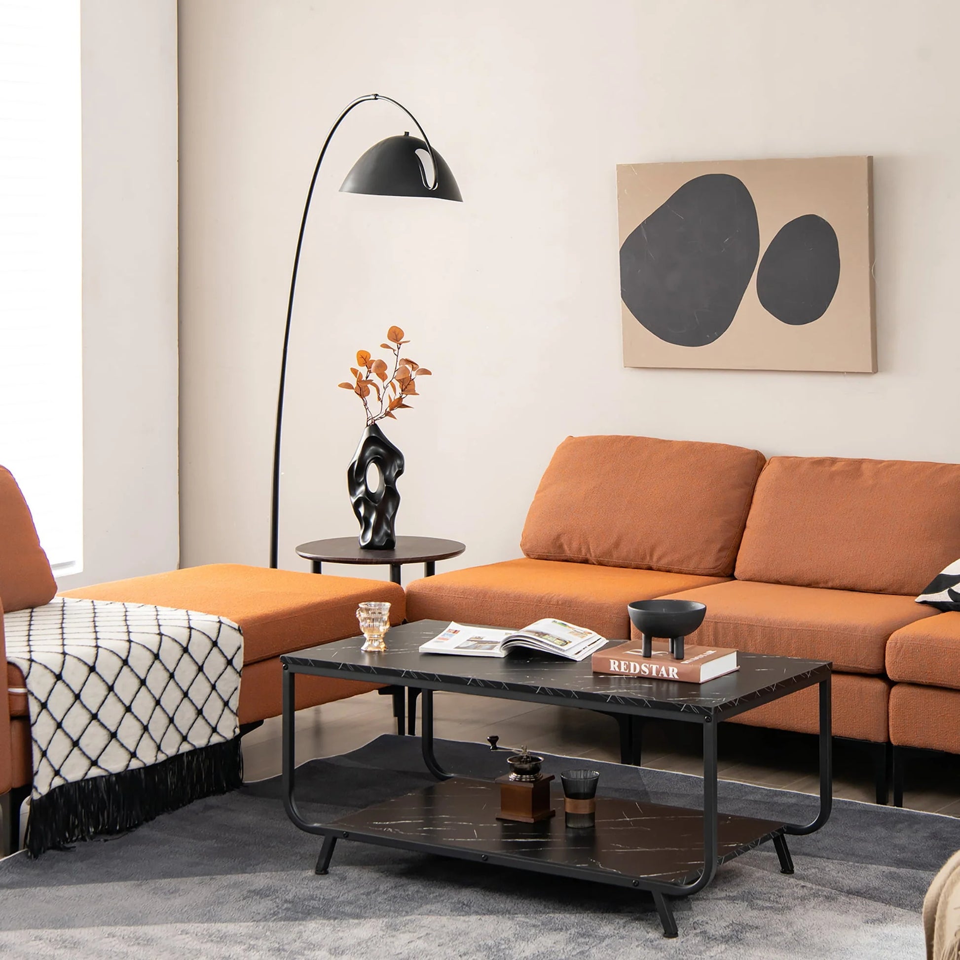 Costway Coffee Table 2-Tier Modern Marble Coffee Table W/Storage Shelf for Living Room