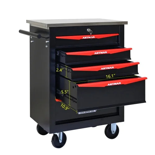 POVANLI 5 Drawer Portable Tool Box With Wheels,Tool Chest With Key Locking Tool Boxes/Organizers Black& Red