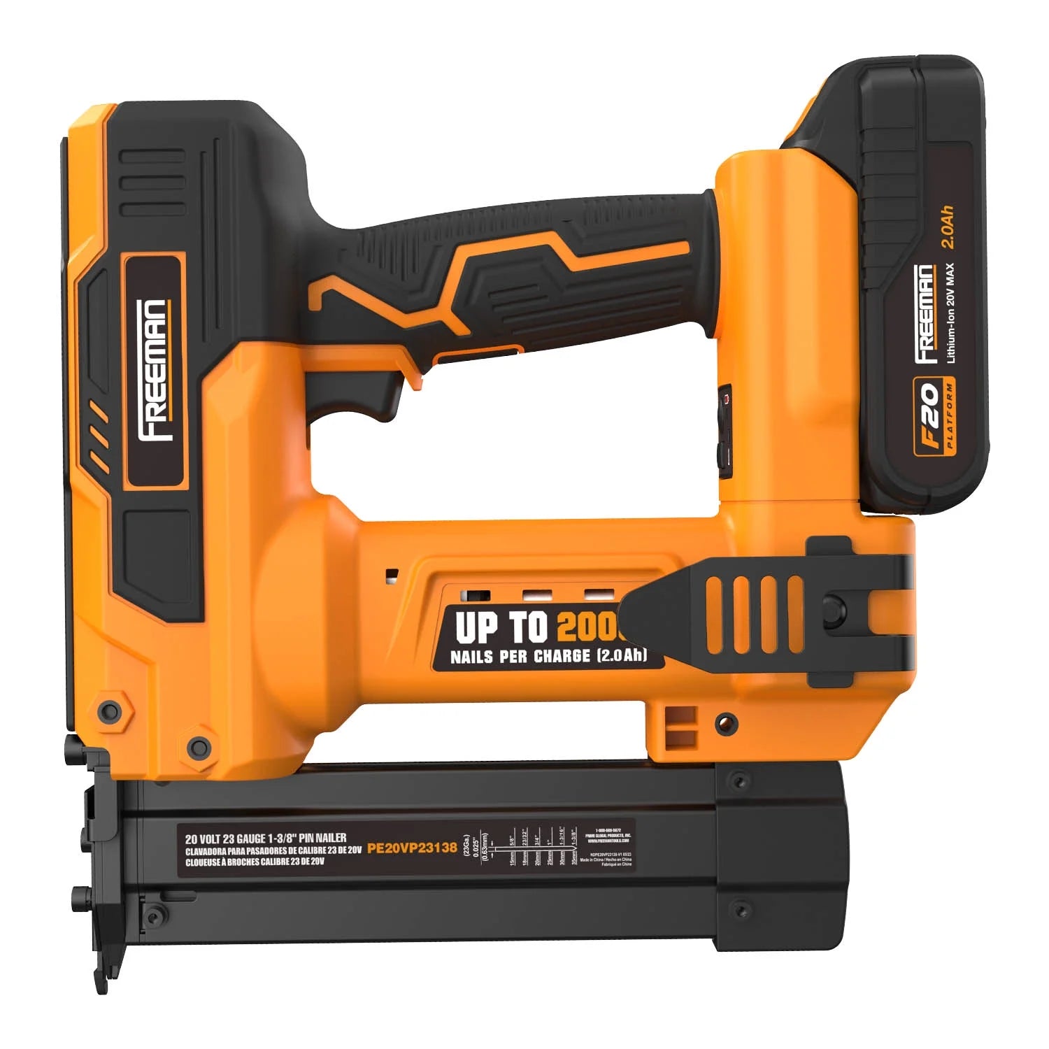 Freeman PE20VP23138 20 Volt Cordless 23-Gauge 1-3/8" Pin Nailer Kit with Lithium Ion Battery, Charger, Bag, and Nails (1000 Count) - 2000 Shots per Charge