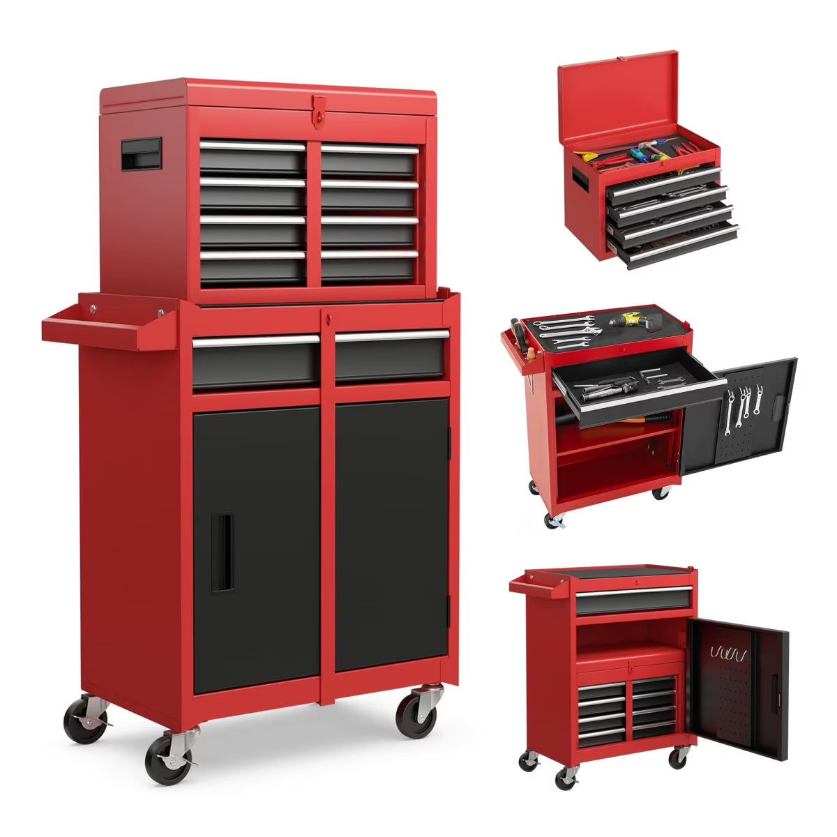 Rolling Tool Chest with 5 Drawers and Detachable Top Box Heavy Duty Steel Construction Lockable Wheels for Garage Workshop Storage Organization