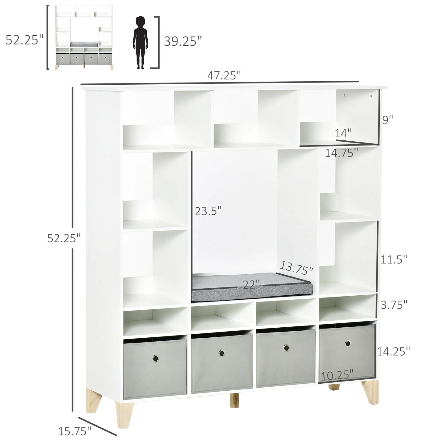 HOMCOM 47" Kids Reading Nook Bookshelf Storage Organizer Toy Cabinet Seat, White