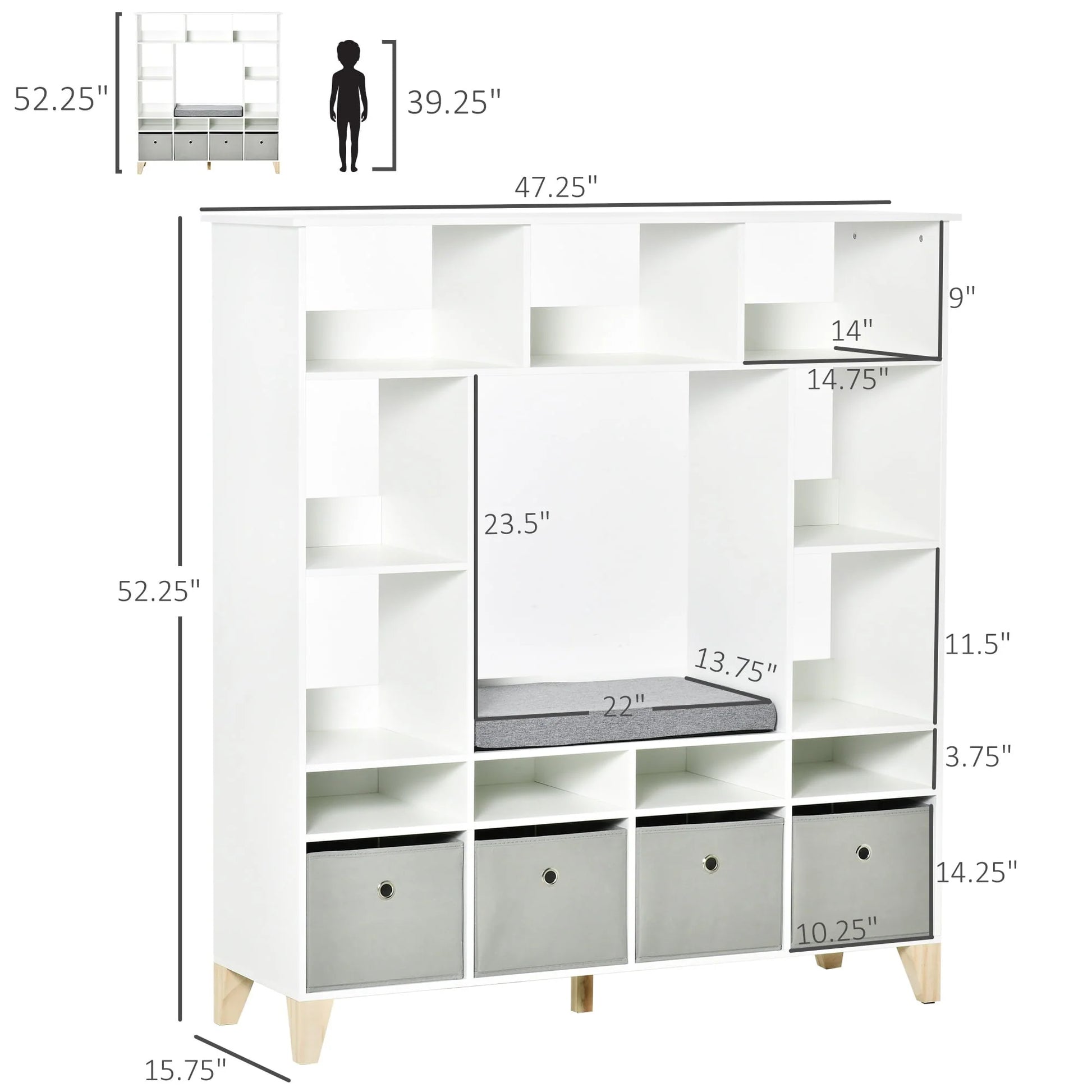 HOMCOM 47" Kids Reading Nook Bookshelf Storage Organizer Toy Cabinet Seat, White