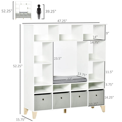 HOMCOM 47" Kids Reading Nook Bookshelf Storage Organizer Toy Cabinet Seat, White