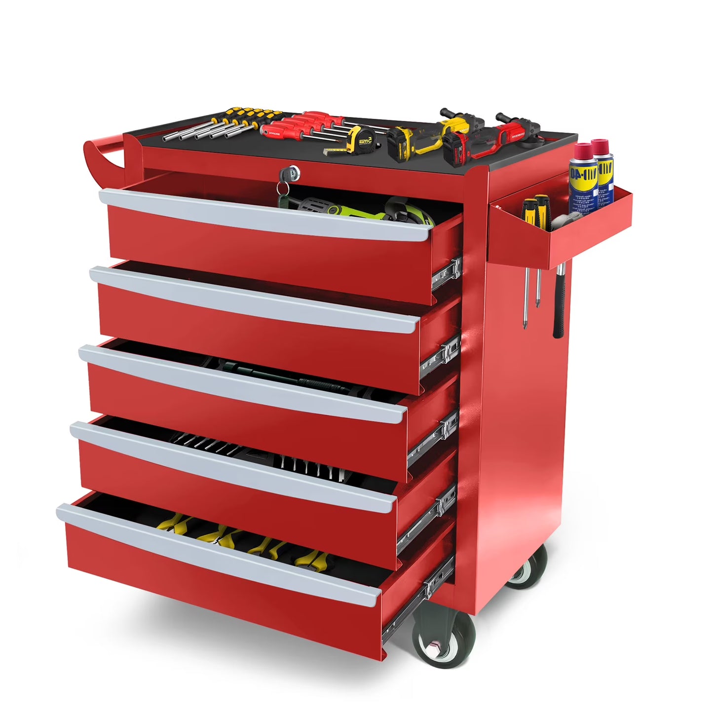 Seizeen Tool Box for Garage Organization, Heavy-Duty Red Tool Chest 5 Storage Drawer, Rooling Tool Cart Lockable for Repair Shop, Smooth Ball-Bearing Drawers