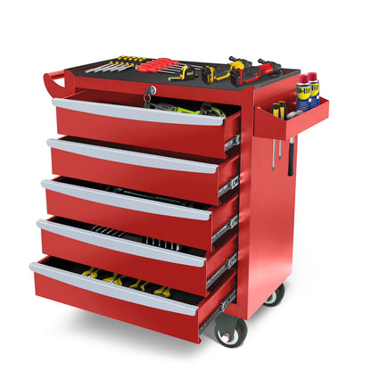 Seizeen Tool Box for Garage Organization, Heavy-Duty Red Tool Chest 5 Storage Drawer, Rooling Tool Cart Lockable for Repair Shop, Smooth Ball-Bearing Drawers