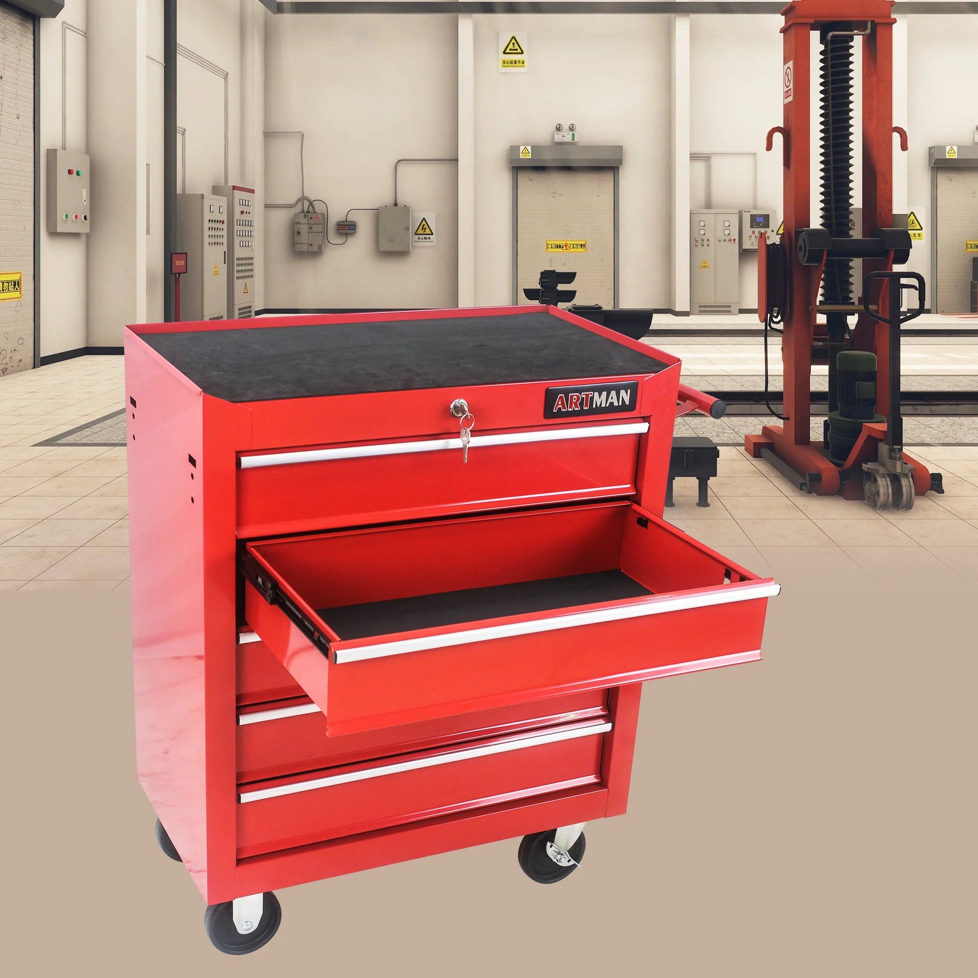 5-Drawer Rolling Tool Chest on Wheels, 24-inch Tool Storage Cabinet with Locking System for Garage Workshop Warehouse Repair Shop, Red