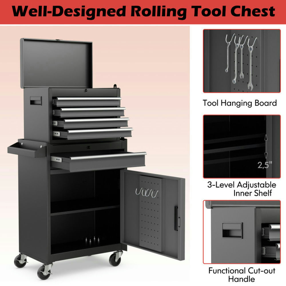 GVN 2-in-1 Rolling Tool Chest with 5 Sliding Lockable Drawers-Black & Gray