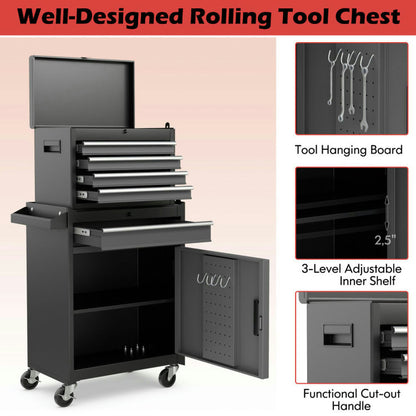 GVN 2-in-1 Rolling Tool Chest with 5 Sliding Lockable Drawers-Black & Gray