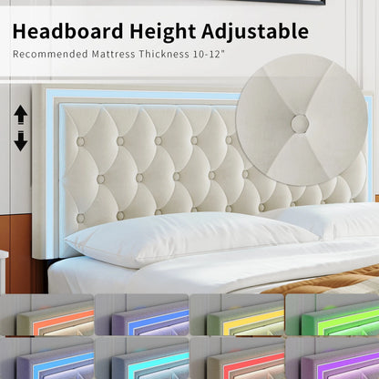 Homfa Queen LED Bed, 9 Colors LED Lights Platform Bed Frame with 4 Storage Drawers, Adjustable Upholstered Headboard with Button Tufted, Velvet Beige