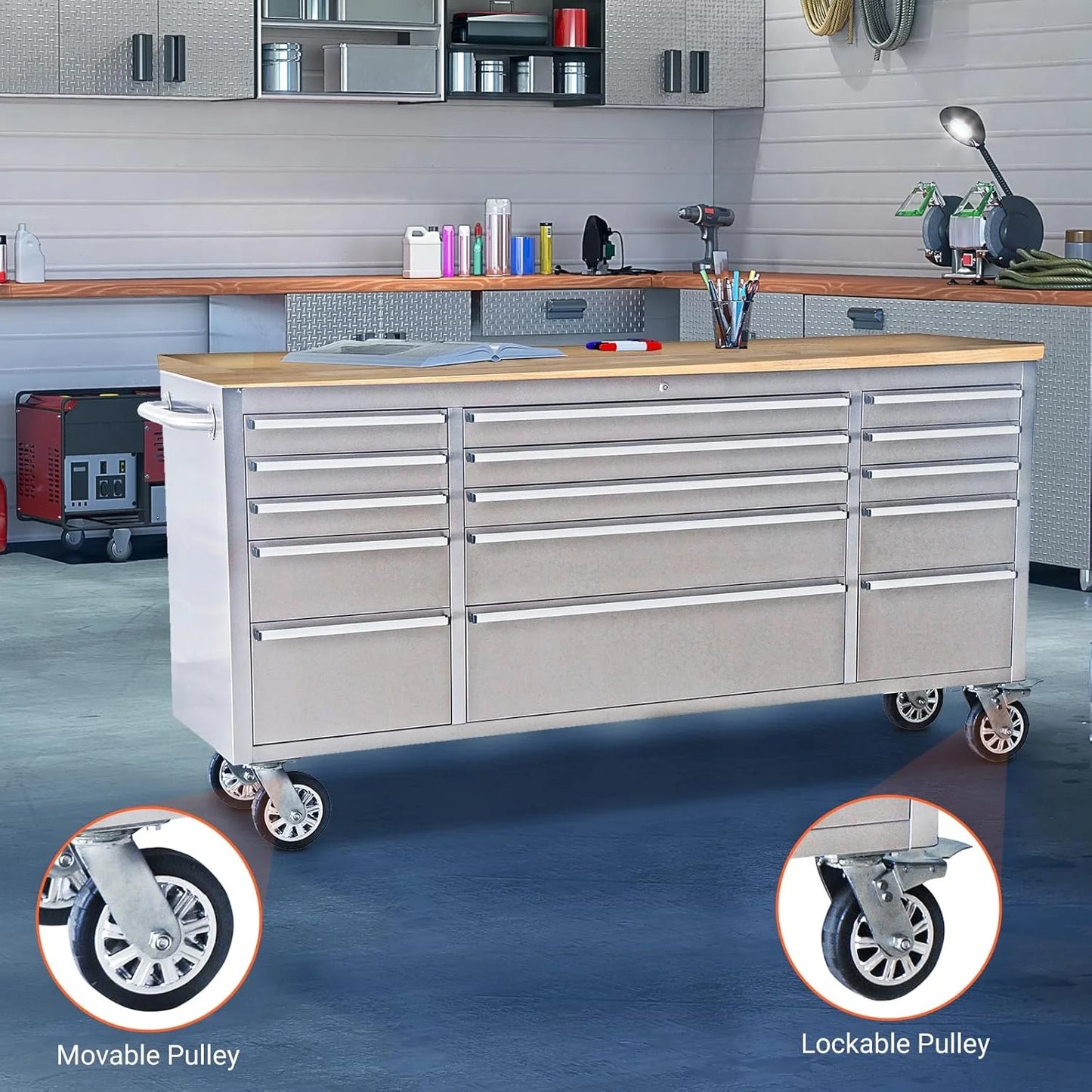 Kojooin 72-Inch Rolling Tool Cabinet, Large Rolling Tool Chest with 15-Drawer and Mobile Workbench, Heavy Duty Steel Storage Cabinet with Locking System for Warehouse, Garage, Basement