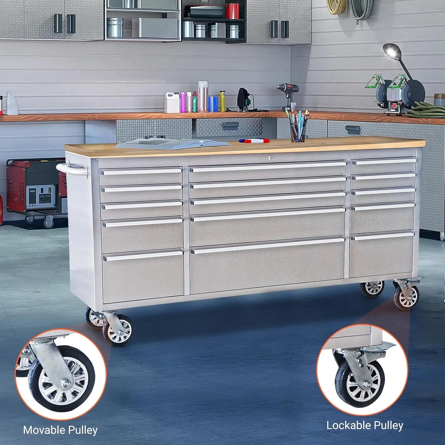 Kojooin 72-Inch Rolling Tool Cabinet, Large Rolling Tool Chest with 15-Drawer and Mobile Workbench, Heavy Duty Steel Storage Cabinet with Locking System for Warehouse, Garage, Basement