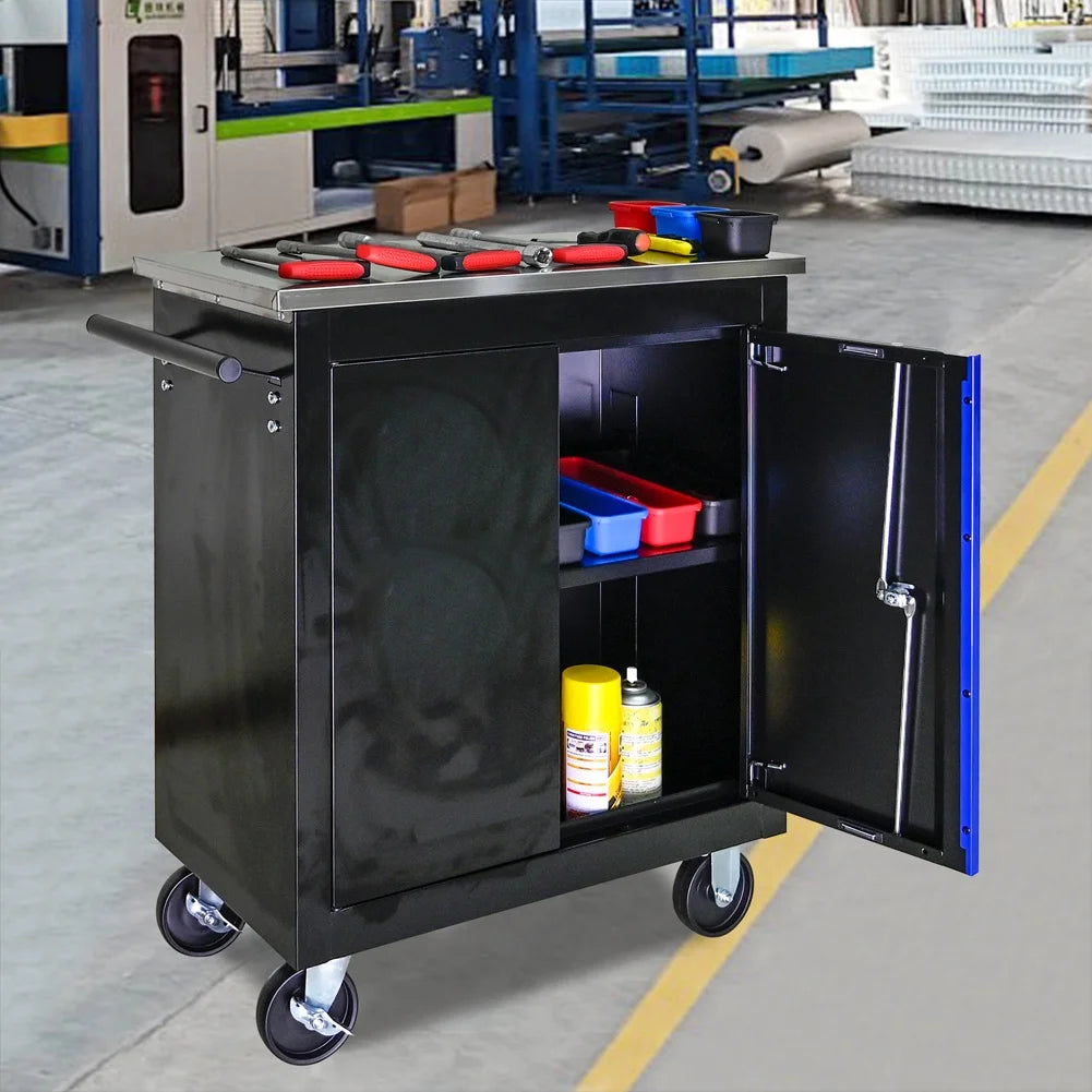 Huisuilinss Rolling Tool Chest,Tool Cart With 2 Drawers,Rolling Tool Storage Cabinet,Handle & Stainless Steel Countertop, 4 Wheels With 2 Parking Brakes, Lockable Tool Storage Cabinet