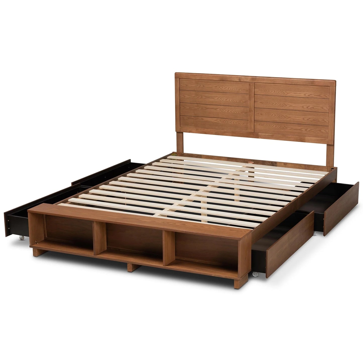 Baxton Studio Alba Modern Transitional Ash Walnut Brown Finished Wood Queen Size 4-Drawer Platform Storage Bed with Built-In Shelves