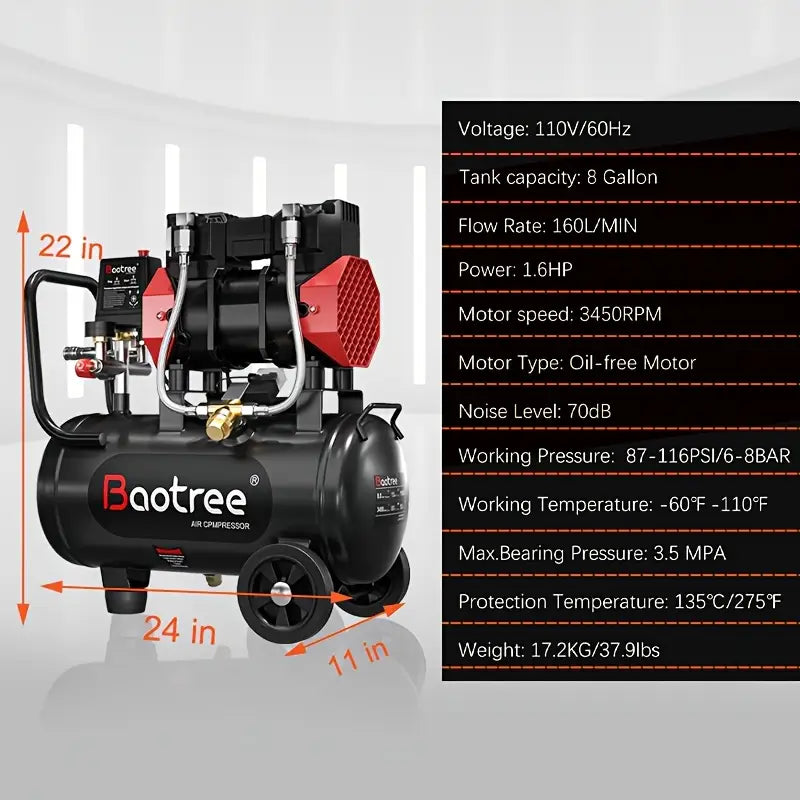 Datingday Ultra Quiet Air 8 Gallon 1.6HP Compressor with Two Quick Couplers & Wheels,Fast 60-Second Inflation & Auto Safety Features ,Max 115 PSI Oil-Free Air Compressor Tank for Home/Commercial Use