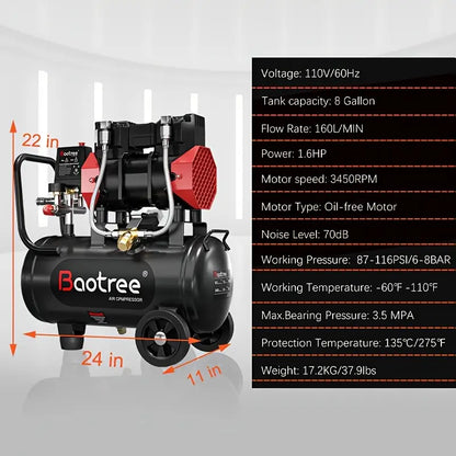 Datingday Ultra Quiet Air 8 Gallon 1.6HP Compressor with Two Quick Couplers & Wheels,Fast 60-Second Inflation & Auto Safety Features ,Max 115 PSI Oil-Free Air Compressor Tank for Home/Commercial Use