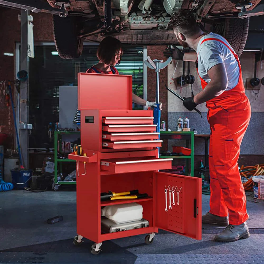 Demifill 2-in-1 Tool Chest and Cabinet with 5 Sliding Drawers, Large Storage Space and Detachable Design, Red