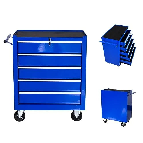 Rolling Garage Workshop Tool Organizer 5 Drawer Tool Chest, Tool Storage Cabinet for Garage Storage with 4 Wheels and Locking System, Blue